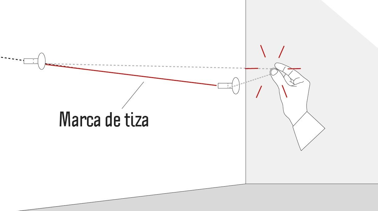 una mano suelta el tizador y marca con tiza el muro