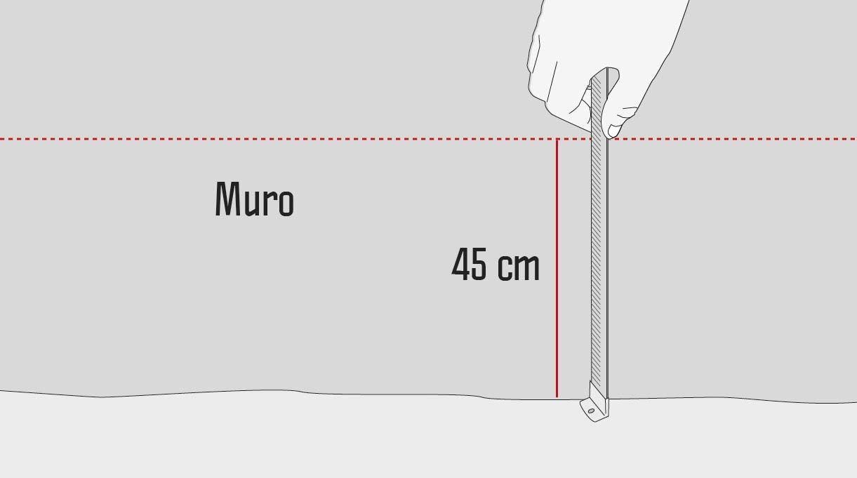 se ve en el muro una mano sosteniendo una huincha para medir, marcando una línea perpendicular al piso de 45 cm