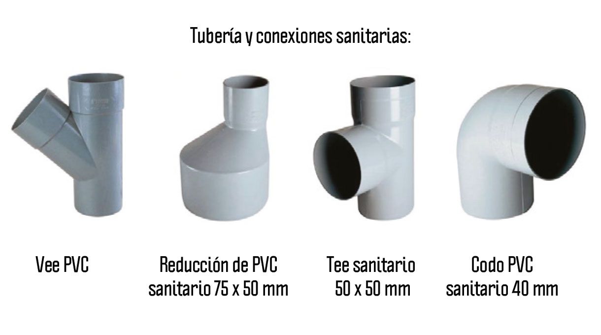 Imágenes de tuberías y conexiones sanitarias. VEE PVC, reducción de PVC, tee sanitario y codo PVC