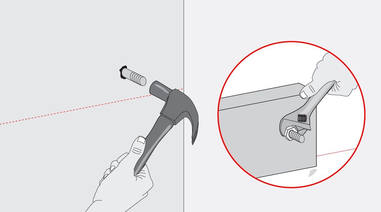 Fijar el primer perno de anclaje y martillar para embutirlo bien. Luego Pasar la viga por el perno, meter la tuerca y apretar con la llave ajustable.