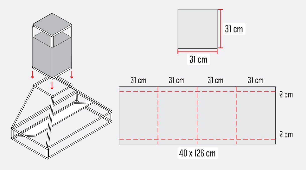 El revestimiento de la chimenea se hace con un trozo de 40 x 126 cm de plancha metálica, que debes cortar con la tijera hojalatera. Divídelo en 4 partes de 31 cm y una pestaña de 2 cm para hacer la fijación