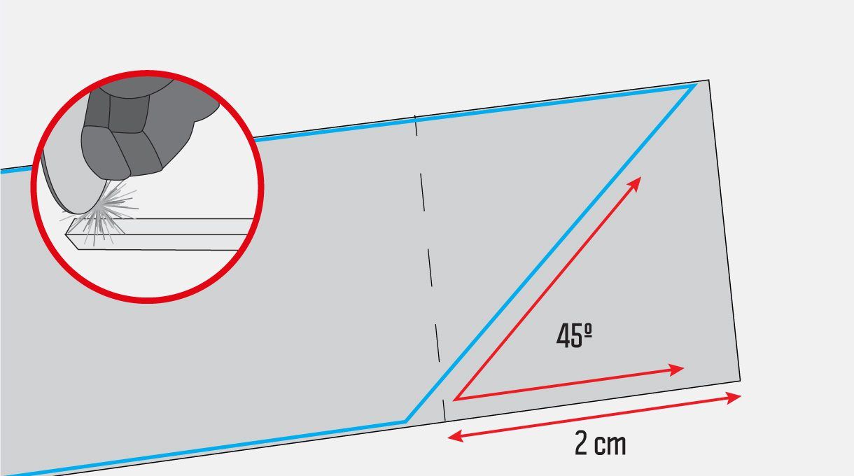 A los trozos que miden 70, 55, 100, 30 y 31 cm hay que cortarles sus extremos en ángulo de 45º. Esto se hace formando un cuadrado de 2 cm, después se debe trazar por su centro una diagonal y quedará el ángulo en 45º