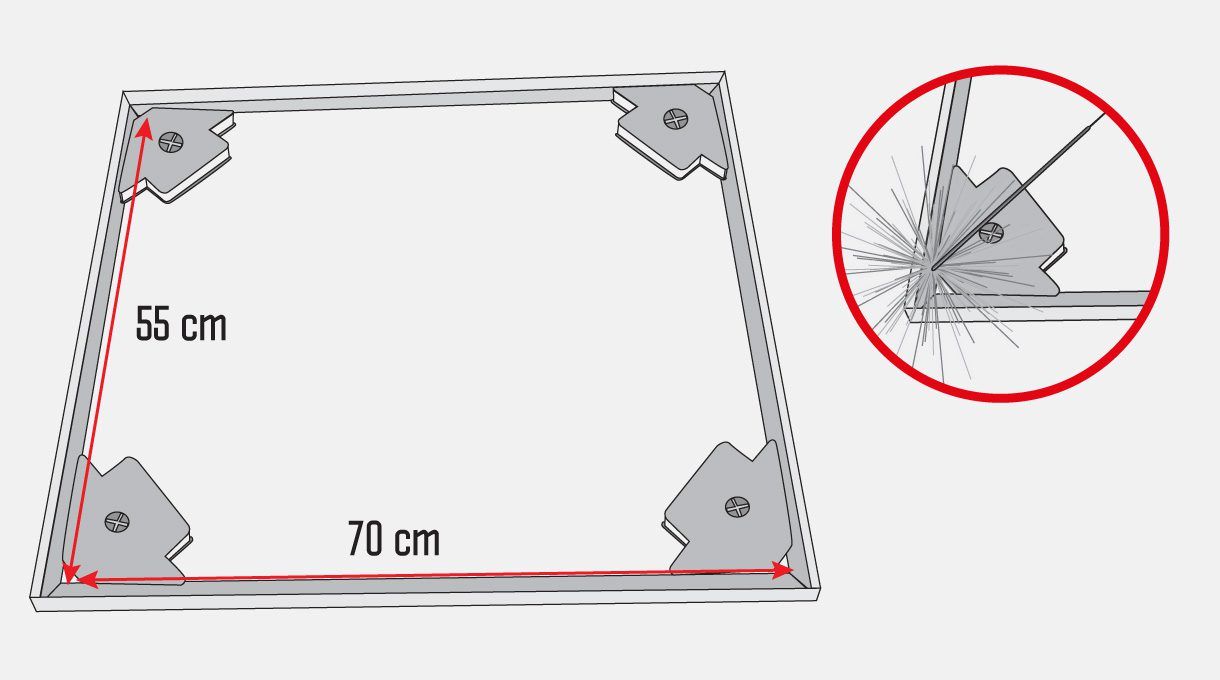 La base se forma armando 2 marcos con los ángulos de 55 y 70 cm. Para unir los trozos y poder soldar fácilmente, usa las escuadras imantadas para poder juntar los extremos.