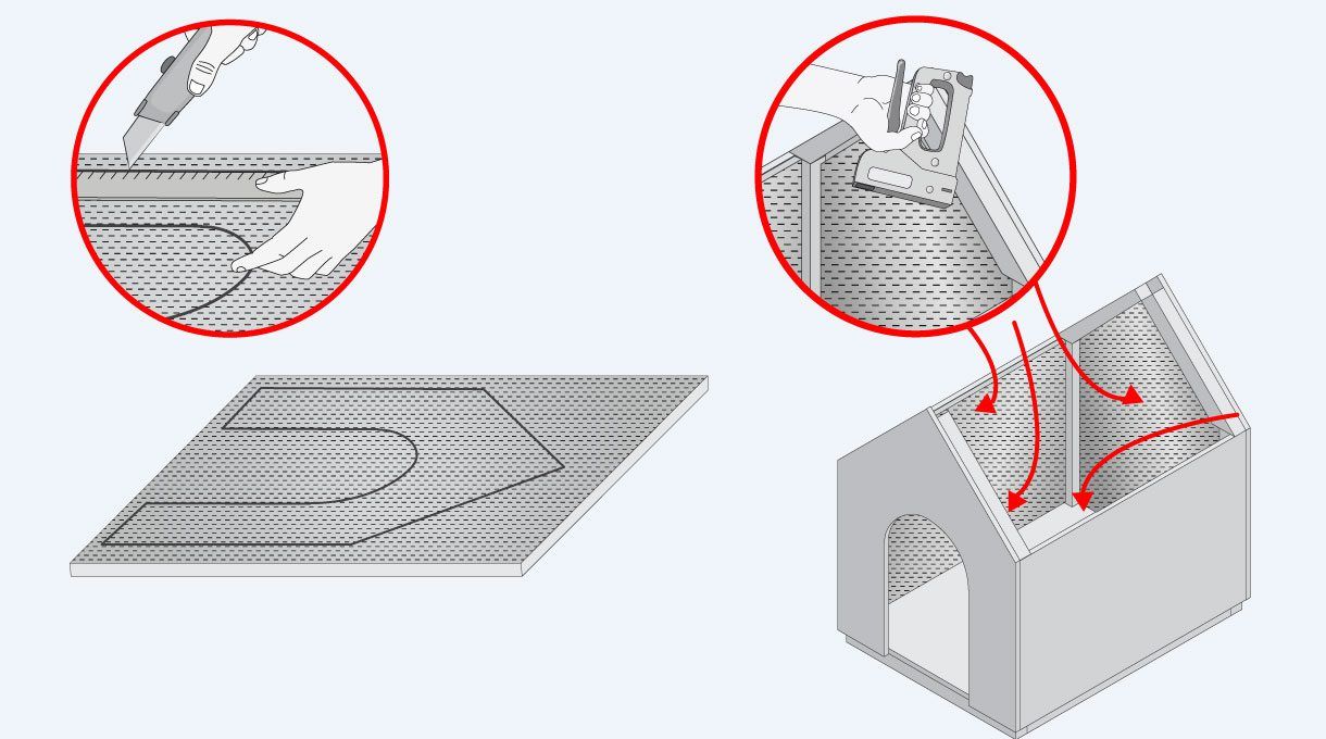 Corta la colchoneta aluminizada según las medidas y forma de la casa, luego, engrapa cada trozo por el interior de la casa, con la cara metalizada hacia el interior.