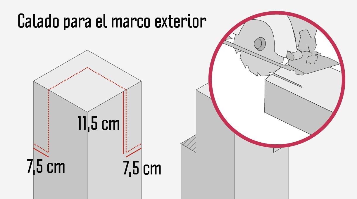 El marco exterior tendrá una terminación en 45º y el calado para sostenerlo debe medir 7,5×7,5 cm de base y 11,5 cm de altura.