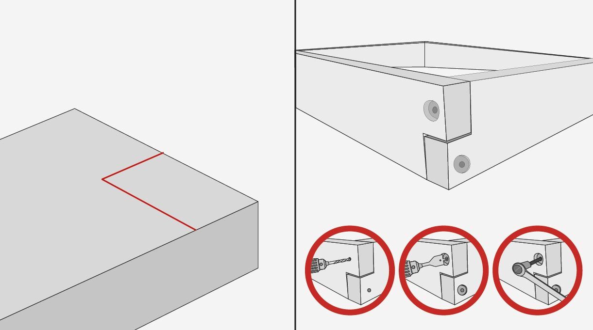 En los 2 extremos de las tablas del marco interior se hace un corte a media madera que mide 7 x 4 cm (+/- 2mm rectificar viga). Este rebaje se corta con la sierra caladora, y hay que pasar una escofina para emparejar la terminación. Fijar las 4 esquinas del marco interior con tornillos tirafondo, para eso primero se hace una guía con broca avellanadora, y luego con broca paleta de 25 mm se hace un rebaje para que la cabeza de tornillo quede dentro de la madera.