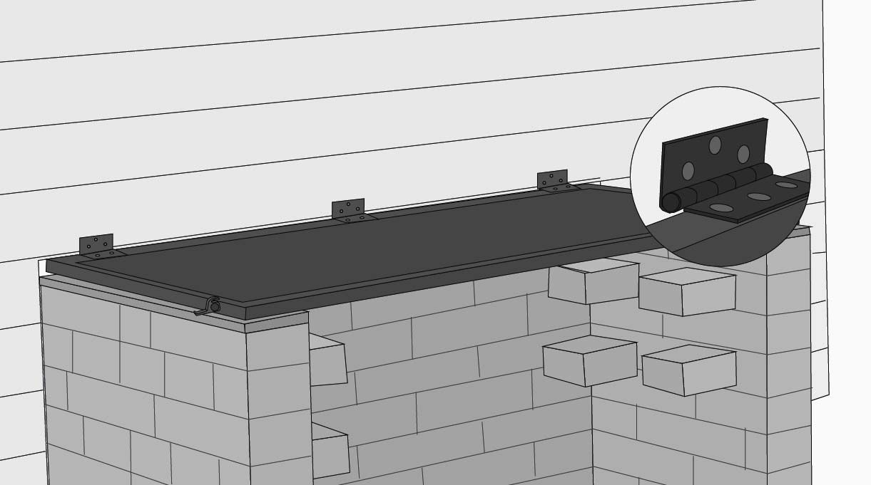 Une la estructura al deck poniendo dos bisagras en los extremos y una al centro. Pone un picaporte de ventana a cada lado para mantener la tapa en posición vertical.