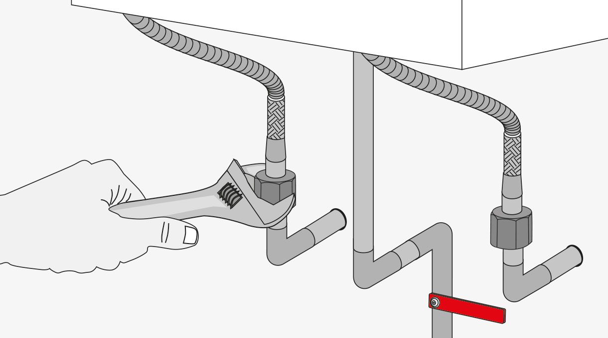 una persona desenrosca el flexible en las conexiones del cálefon