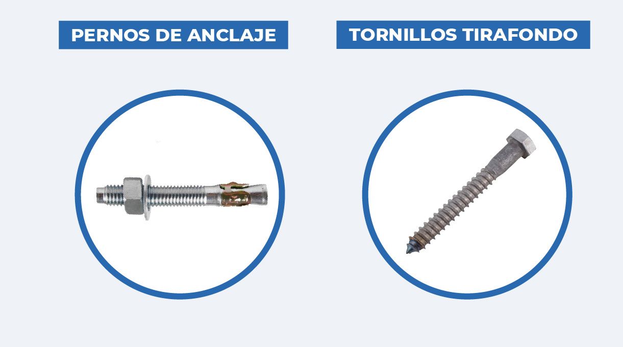 Pernos de anclaje y tornillos tirafondo usados en el proyecto de cómo instalar una puerta de seguridad