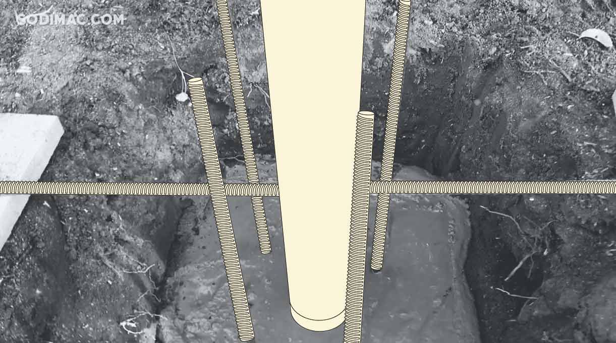 poyo o agujero profundo en la tierra, con un tubo de pvc en el centro y fierros estriados haciendo de soporte, con hormigón en su base para más firmeza.