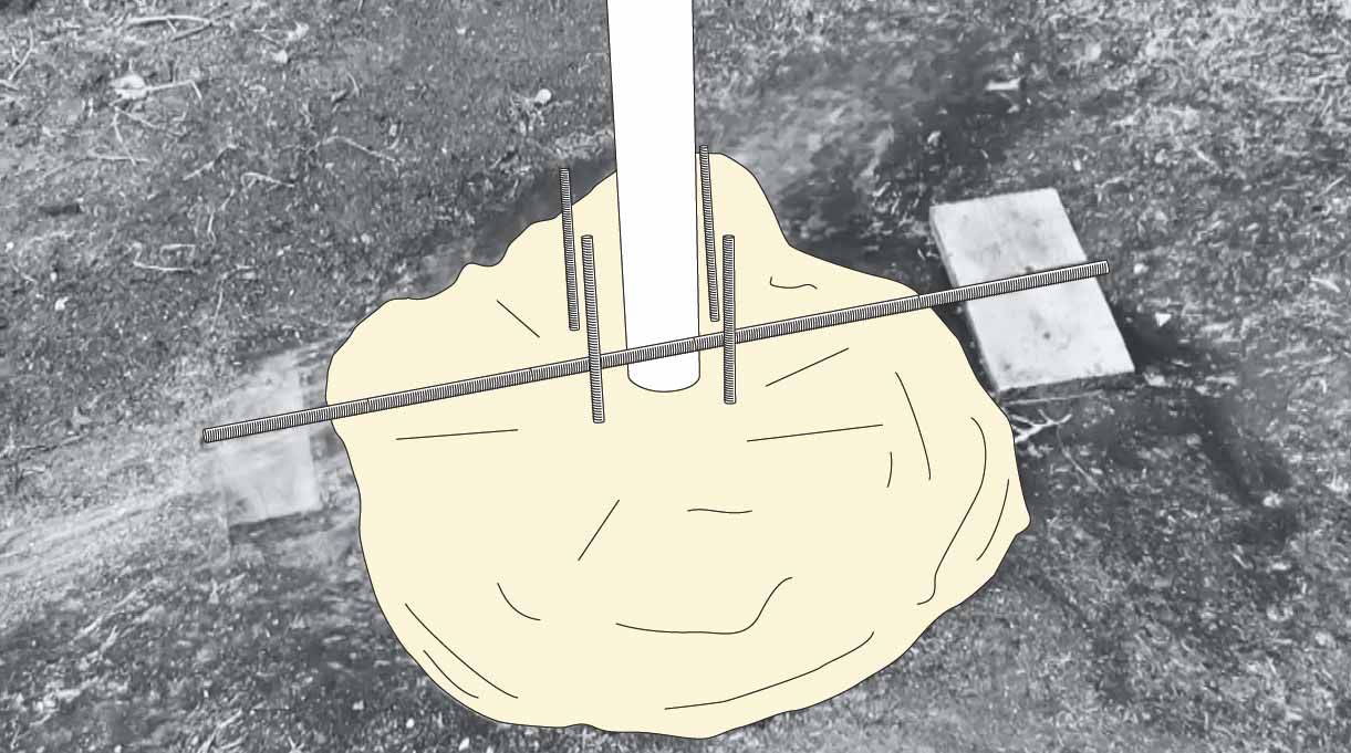 poyo relleno de hormigón con un tubo de pvc y fierros estriados, fraguando por 12 horas para hacer un mástil para bandera.