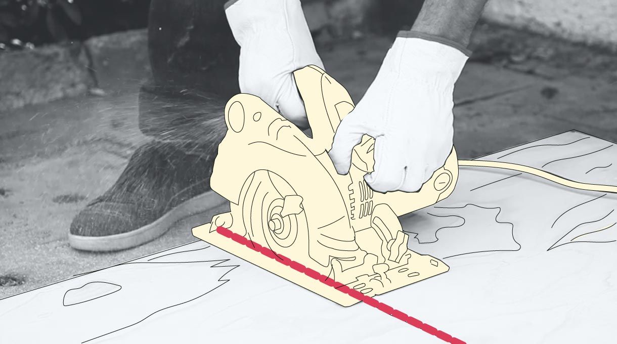 Corta con la sierra circular la madera terciada para hacer las piezas del mueble.