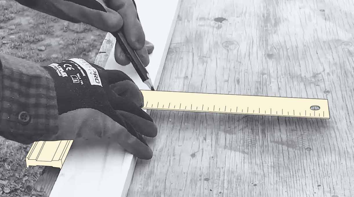 medida de la madera con una escuadra y lápiz para cortarla