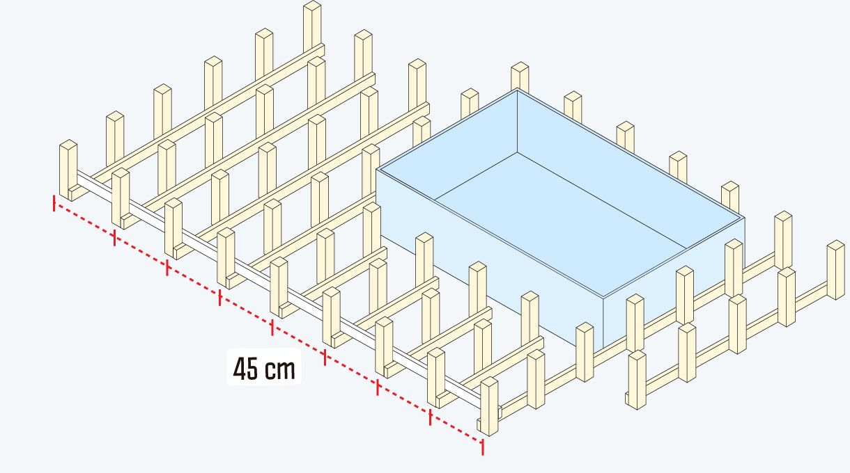estructura vertical del deck de madera con la piscina