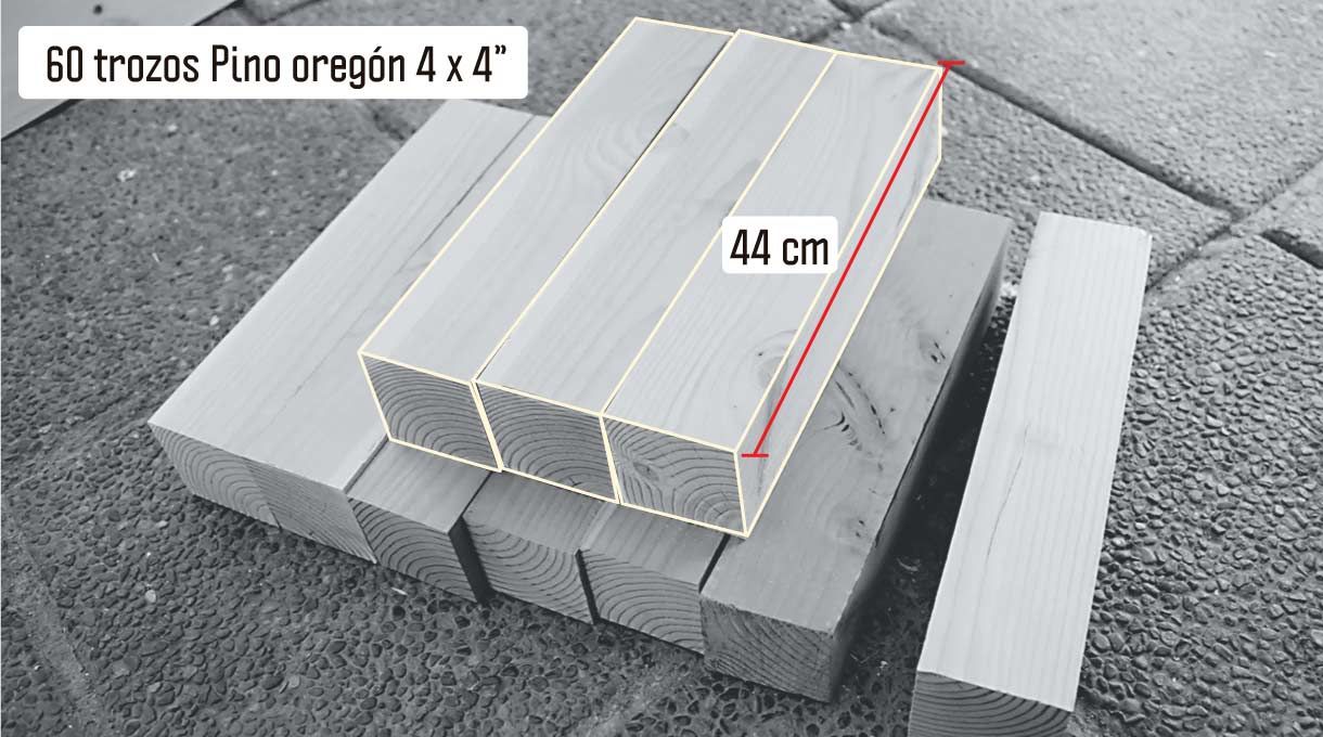 60 trozos de 44 cm de pino oregón para los pilares del deck de madera