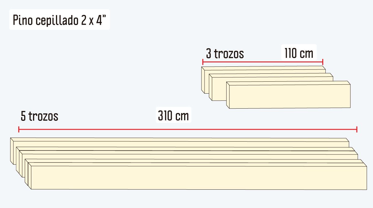 trozos de pino cepillado de 2 x 4" para el entramado del deck de madera