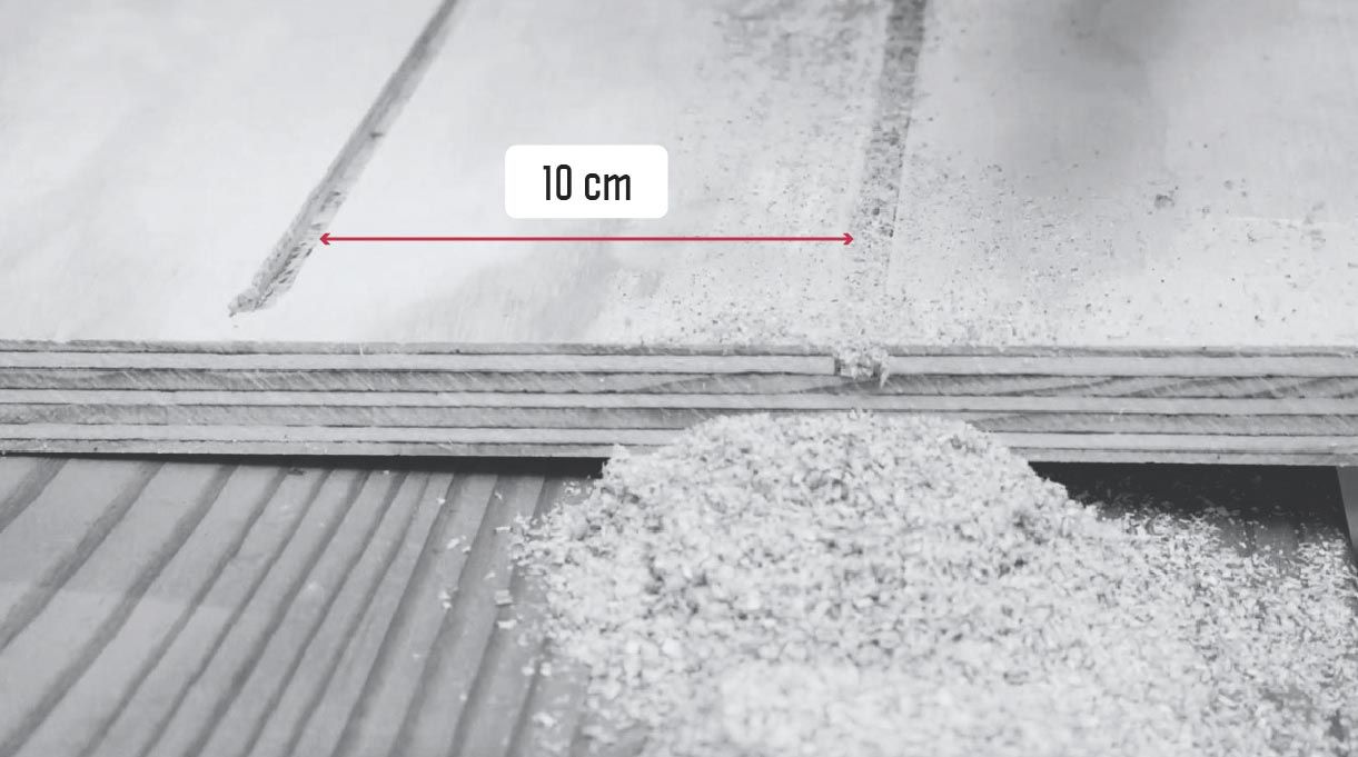 separación de 10 cm entre las canterías del terciado