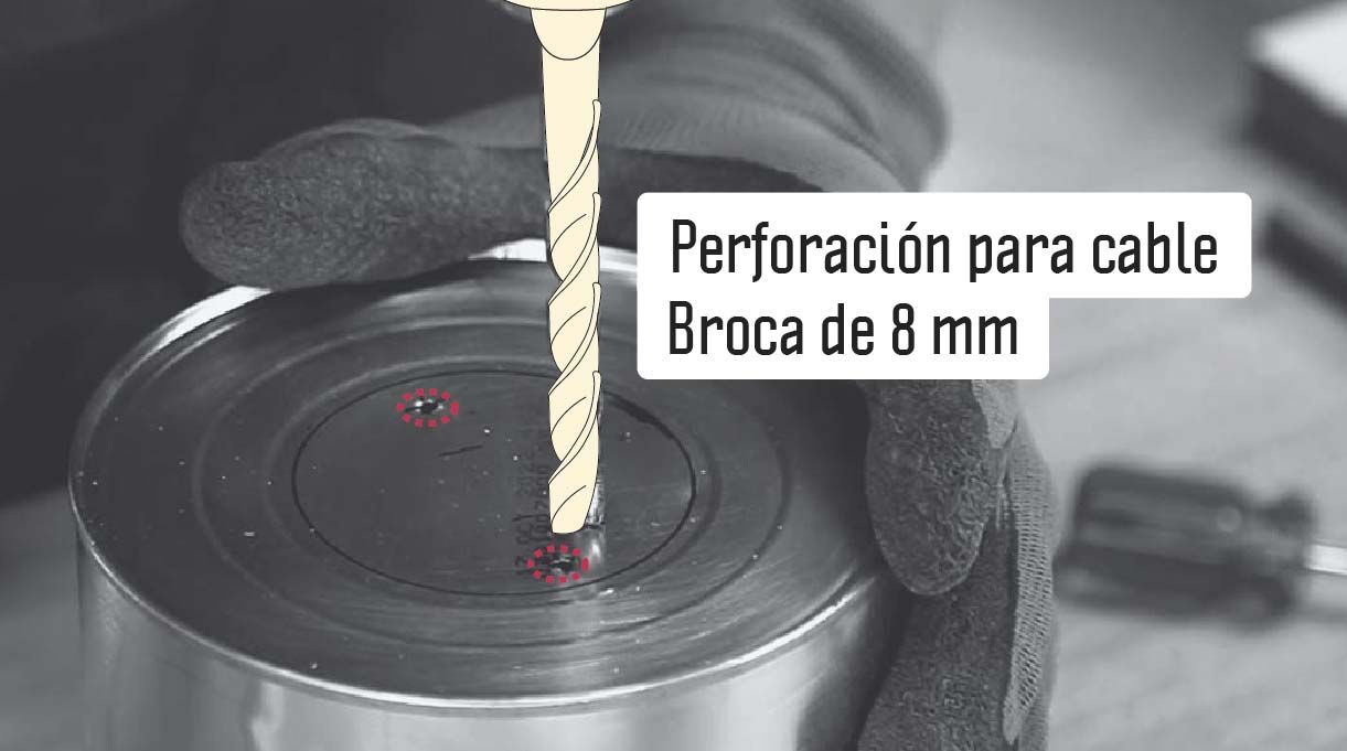 perforar en la base del tarro para pasar el cable eléctrico con broca de 8 mm