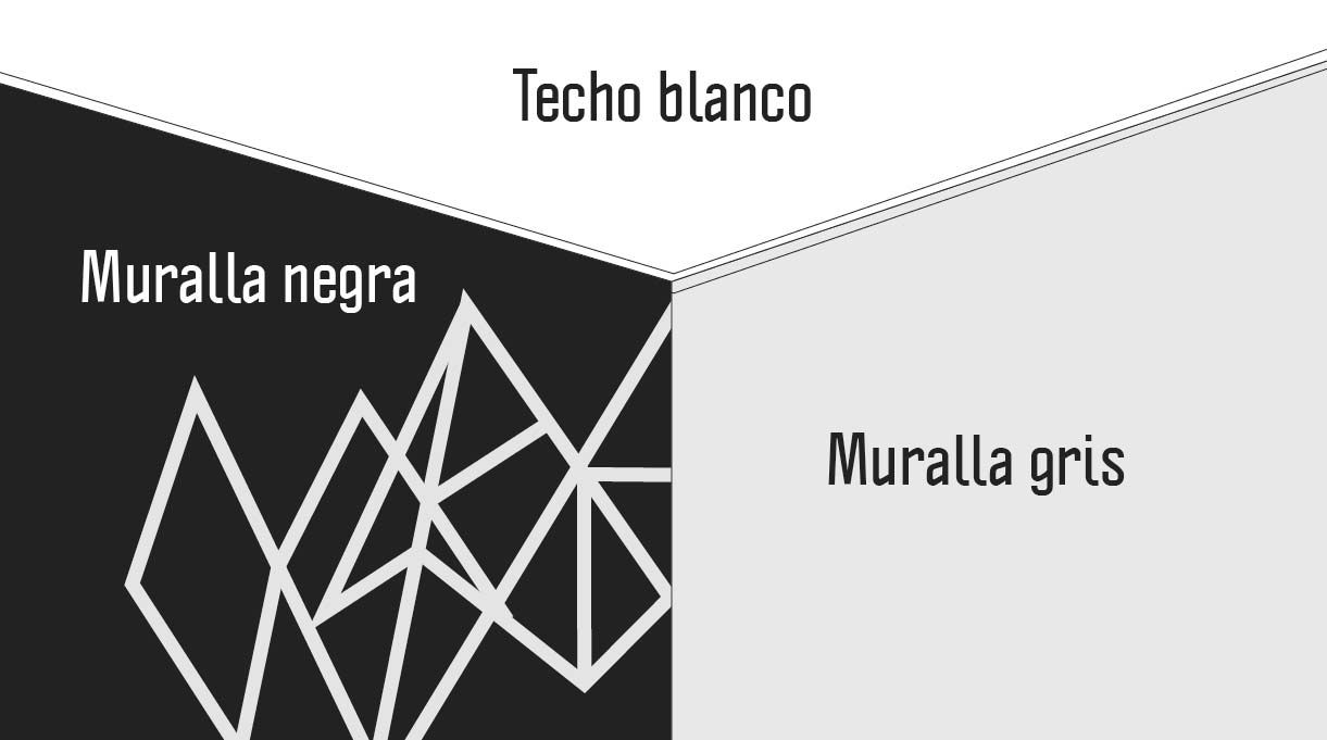 techo pintado de blanco, muralla gris y muralla negra