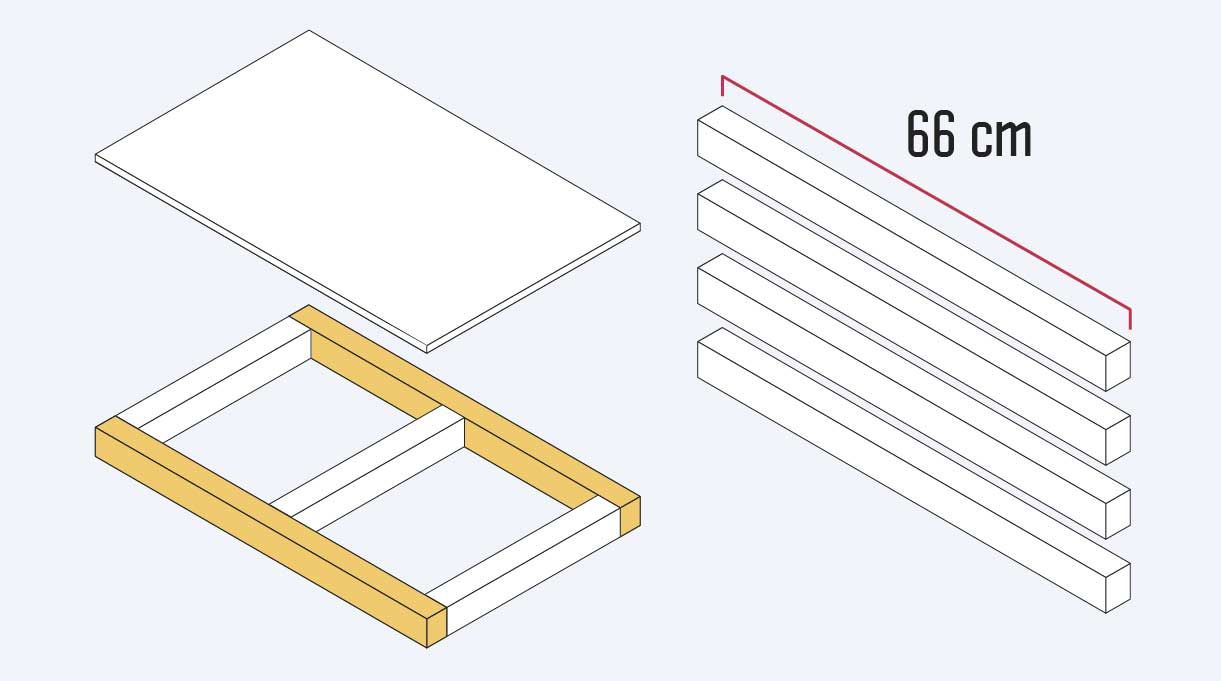 cortar 6 trozos de 66 cm de madera para hacer los frontales y traseros de la bandeja de la cama velador