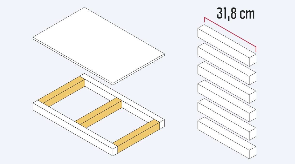 Cortar 6 trozos de madera de 31,8 cm para hacer los laterales y los centrales de las bandejas de la cama velador