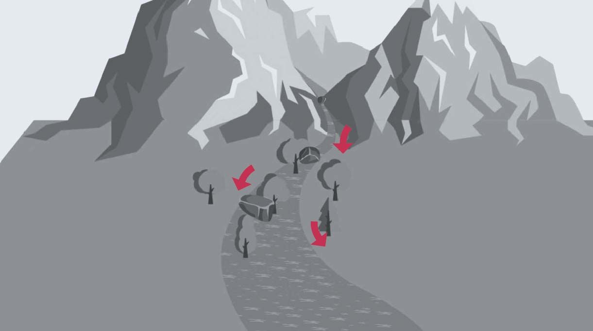 aluvión arrastrando elementos montaña abajo