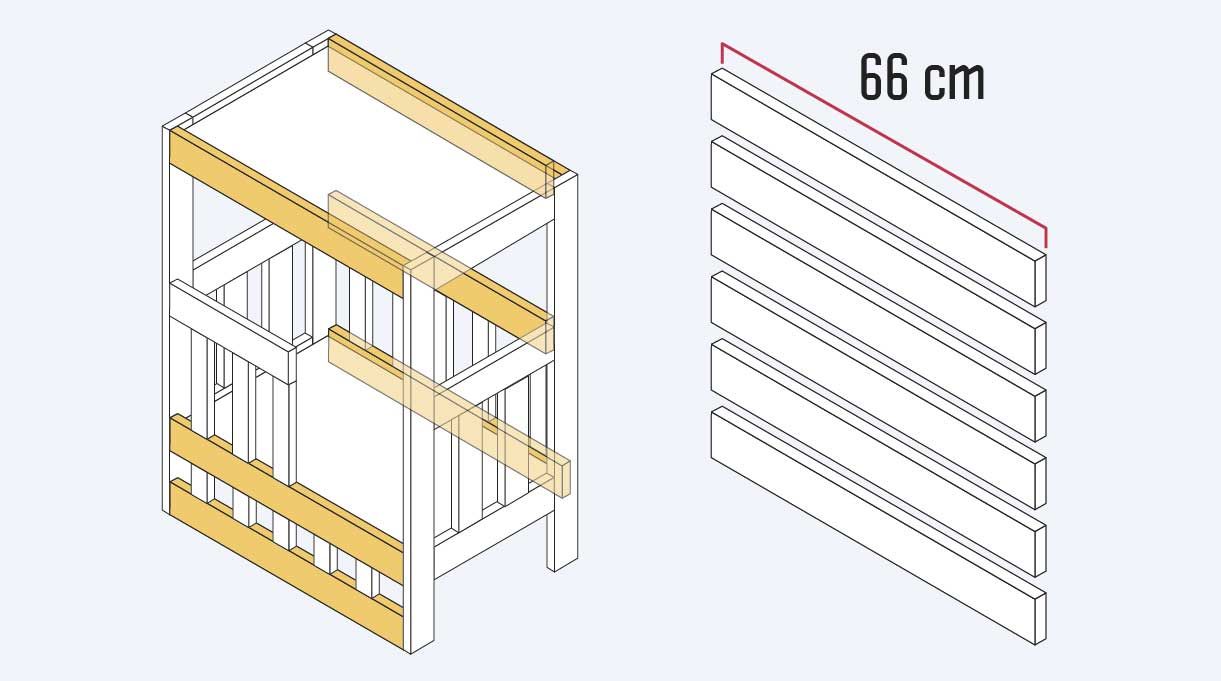 dimensionar la madera de 1 x 3" en 6 cortes de 66 cm que serán para la bandeja inferior, superior y barandasn para