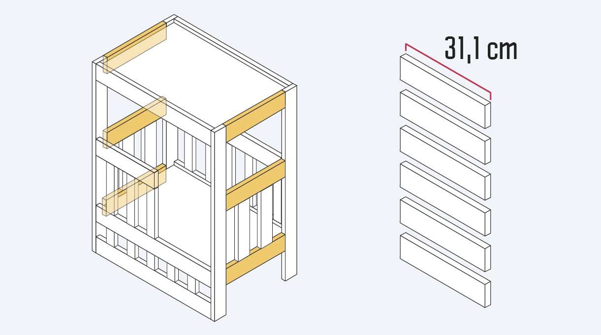 dimensionar la madera de 1 x 3” en 6 trozos de 31,1 cm que son los laterales del velador