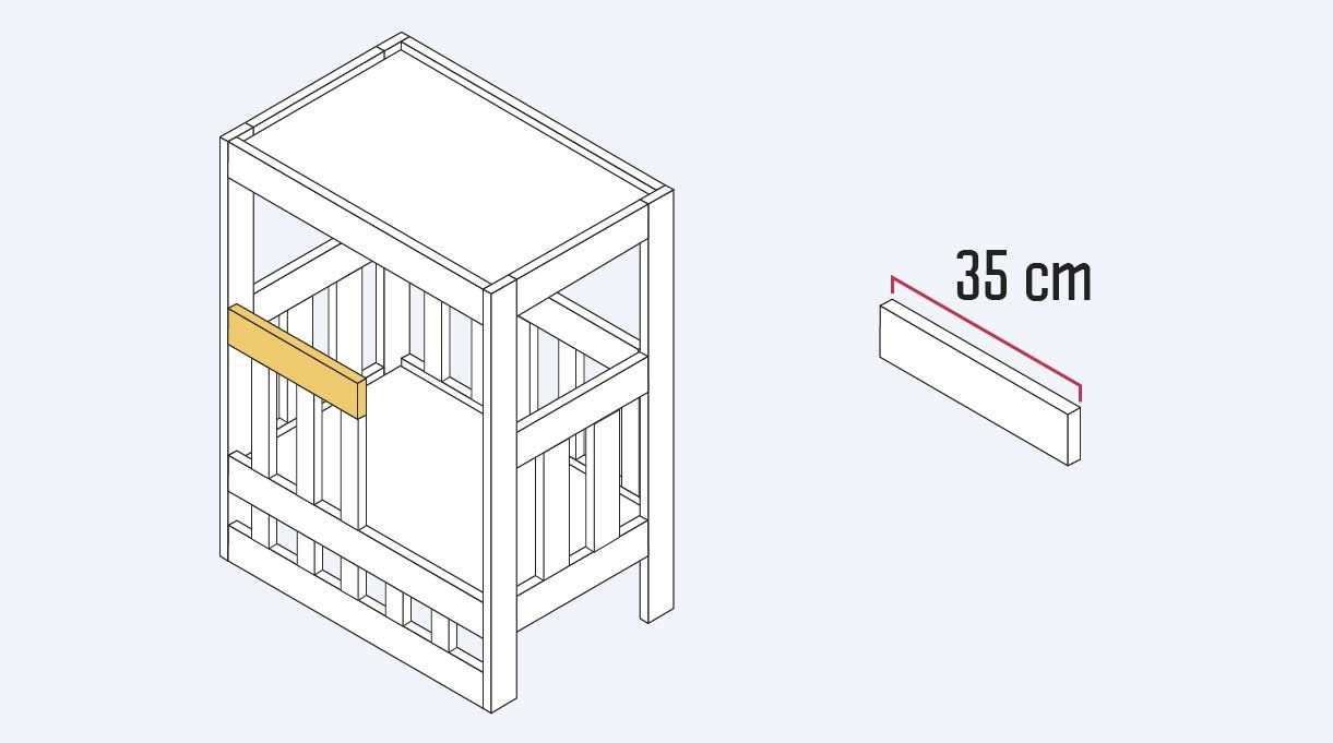 dimensionar la madera de 1 x 3” en un corte de 35 cm que será una baranda frontal