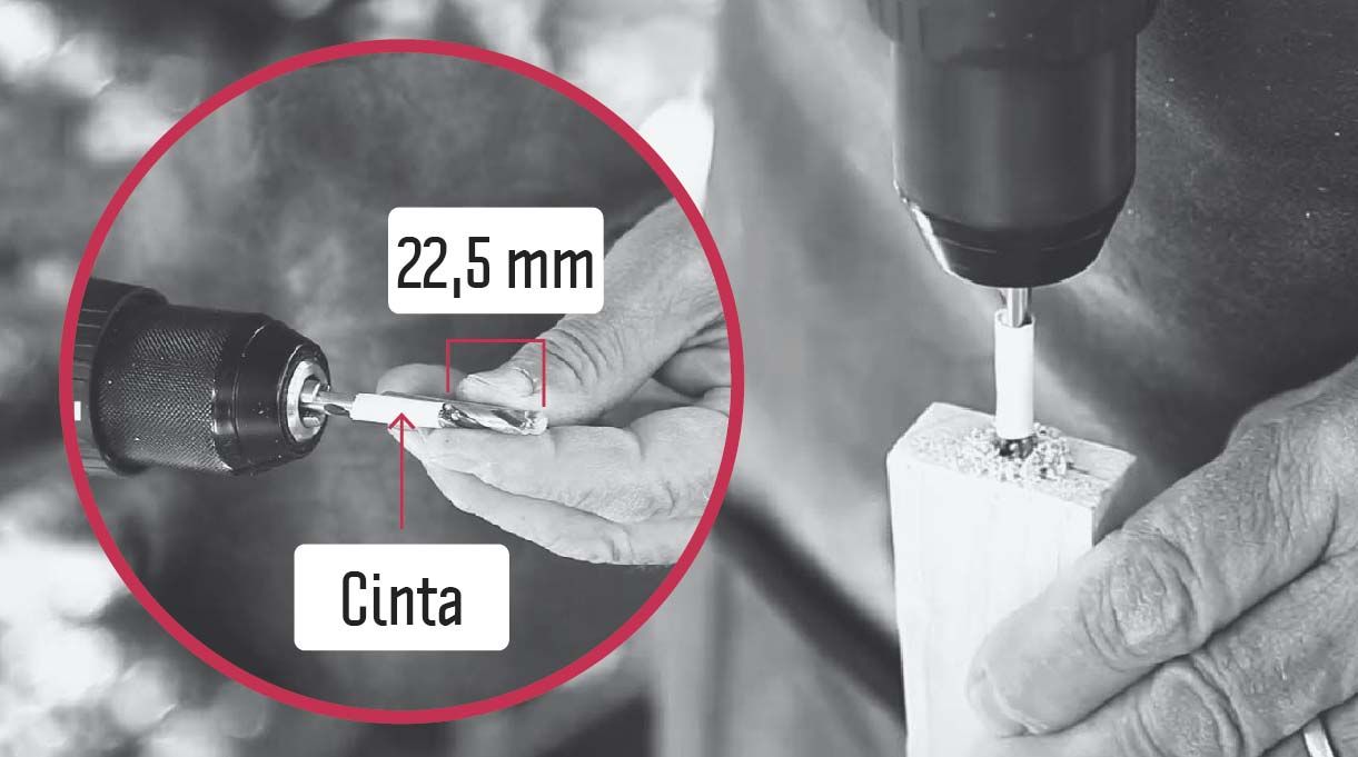 Con cinta para enmascarar marca la broca a 22,5 mm