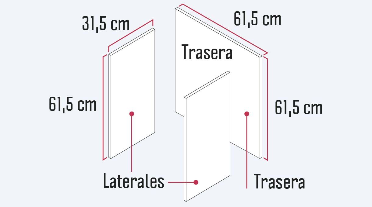 piezas traseras y laterales del mueble organizador con sus respectivas medidas