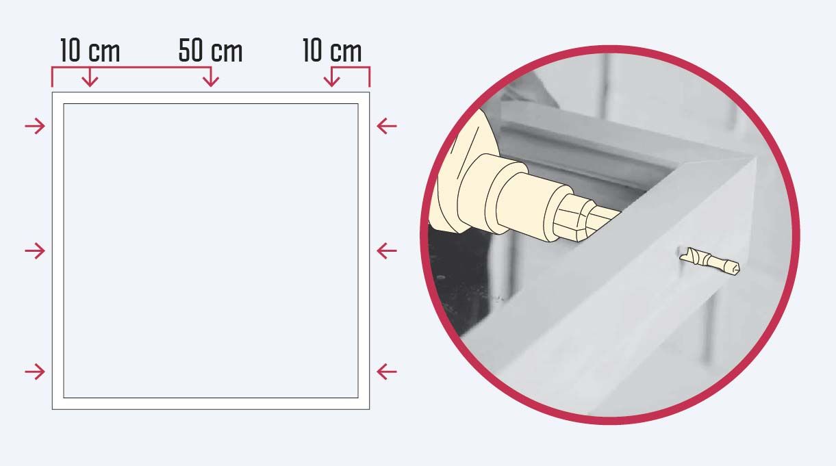 Perforar el marco a 10 cm desde los extremos y luego a 50 cm entre sí, desde el vértice superior