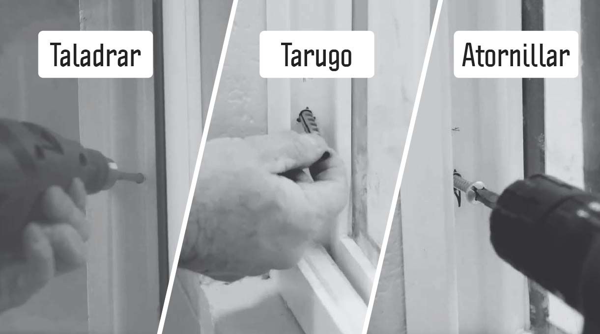 instala la ventana primero taladrando, luego colocando el tarugo y finalmente atornillando