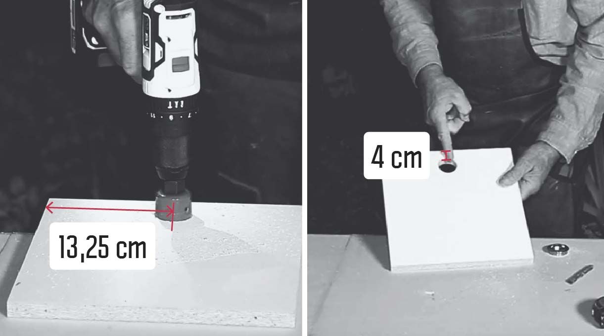 Marcar y perforar con la broca copa de 38 mm en la mitad del frontal, es decir, a 13,25 cm y a 4 cm del borde superior