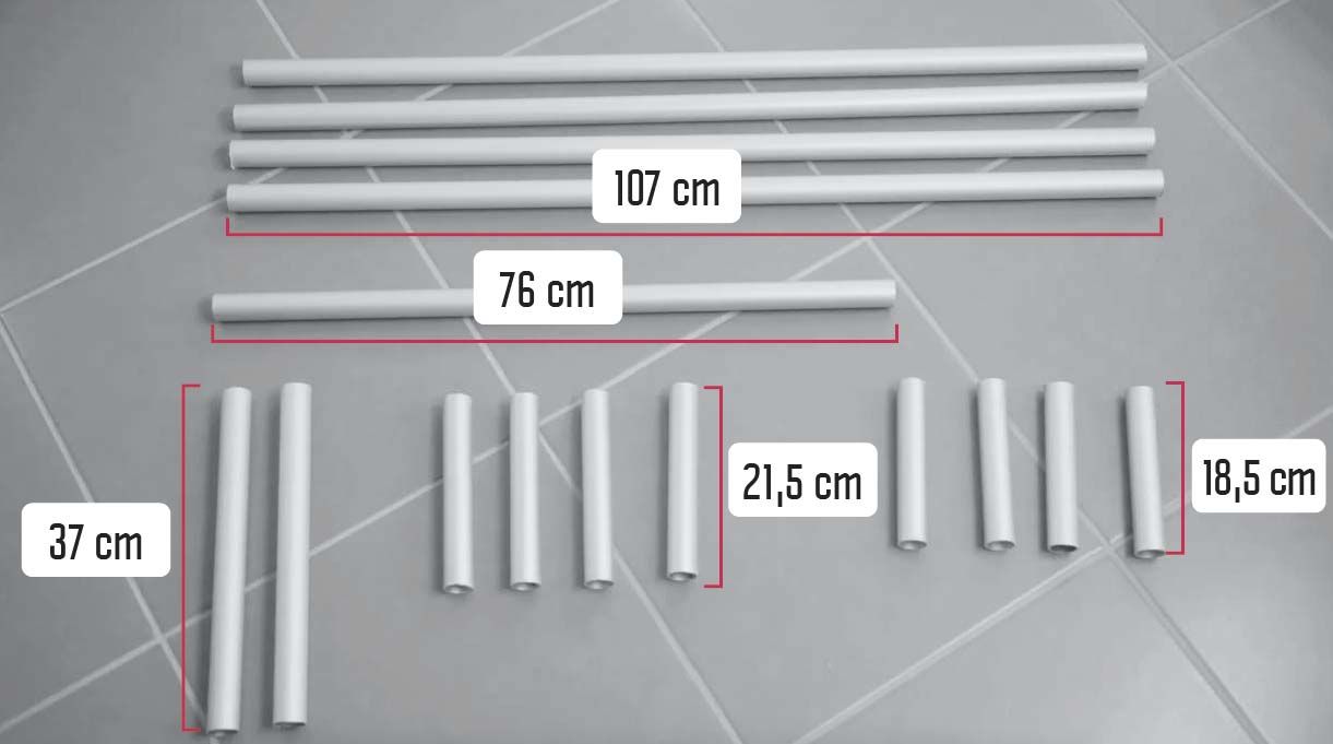 cortar 4 tubos de aluminio de 107 cm, uno de 76, dos de 37, 4 de 21,5 y 4 de 18,5 cm