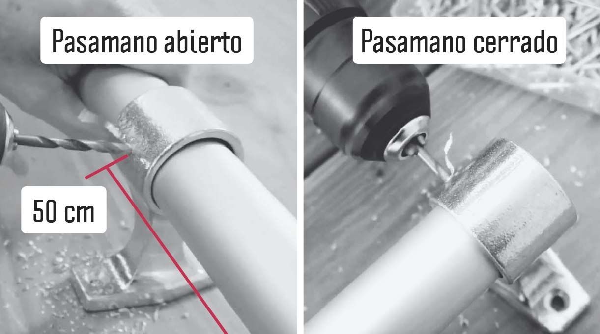 instalar el pasamano abierto a 50 cm en el tubo y perforarlo. Perforar el pasamano cerrado