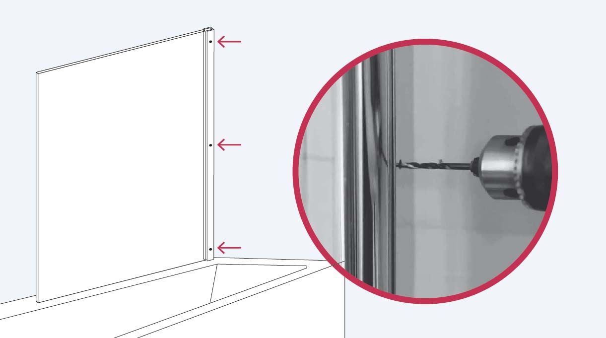 Haz los agujeros para instalar el vidrio con la broca para metales de 3 mm en la estructura que sujeta la mampara