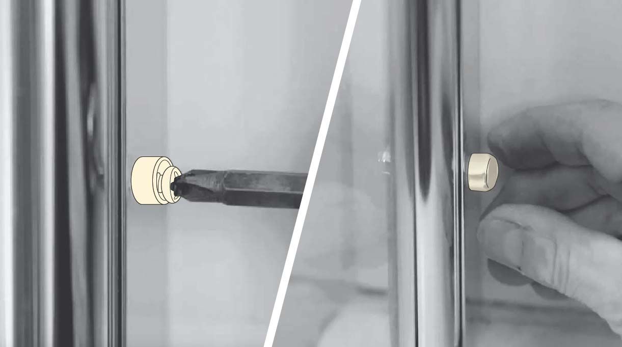Fija con una golilla y tornillo cada agujero y adhiérelos con el gorro de aluminio para terminar de instalar el vidrio