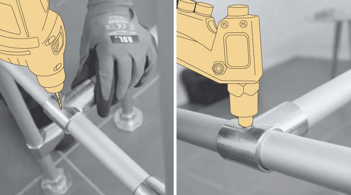 Perforar la unión y tubo con la broca para metales de 4 mm y hacer el agujero que permite fijar el remache pop que junta los 2 pares de patas