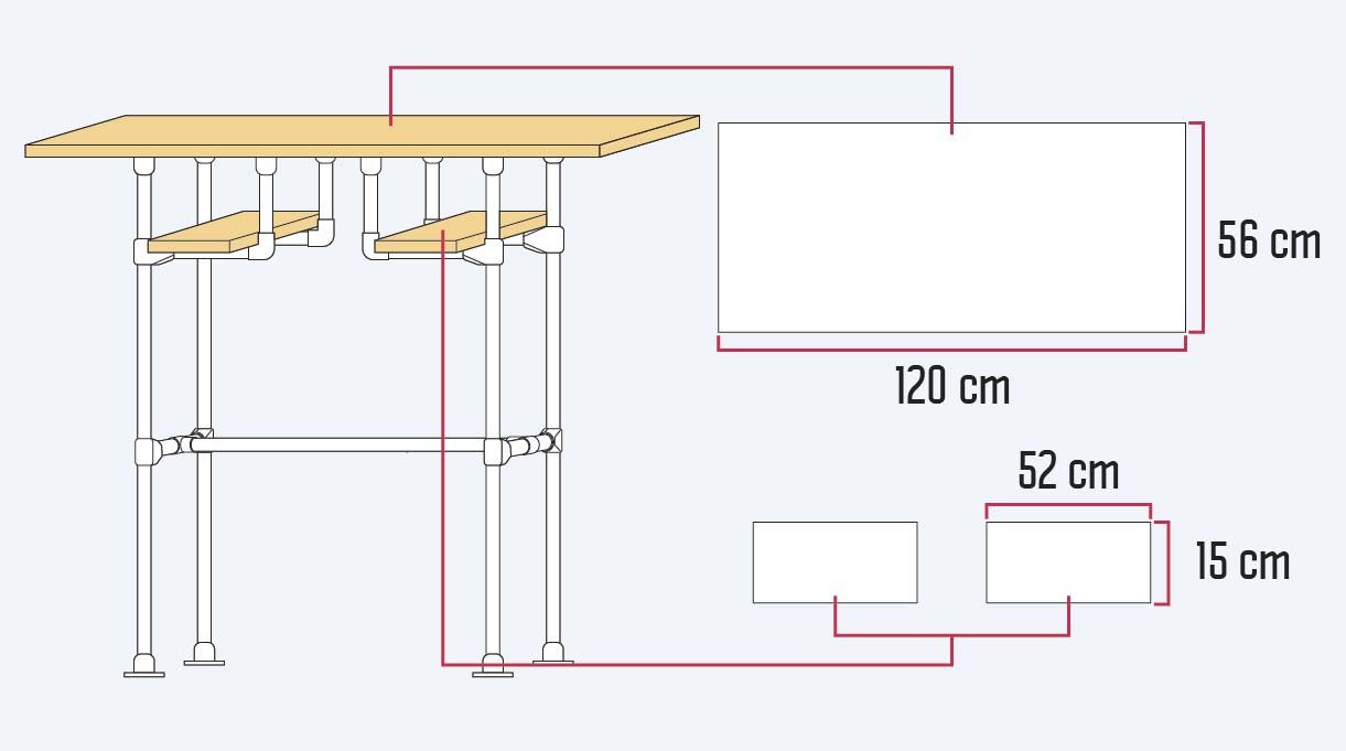 Dimensionar una plancha de terciado en un trozo de 120 cm x 56 cm para la cubierta y 2 trozos de 15 x 52 cm para las repisas