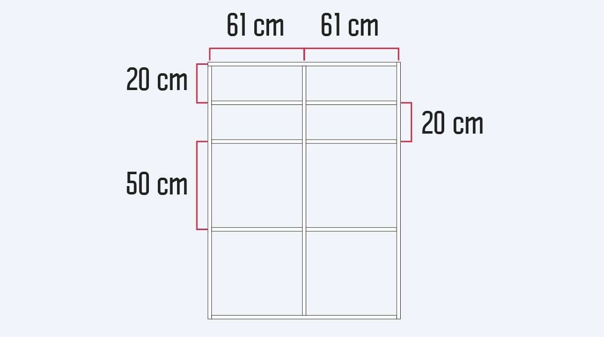 Los cortes de los módulos laterales son 3 verticales que van en los extremos y al centro a los  61 cm y los 6 horizontales van en pares, los primeros a 20 cm desde el borde superior, luego dos más a 20 cm y a continuación, los últimos dos a 50 cm