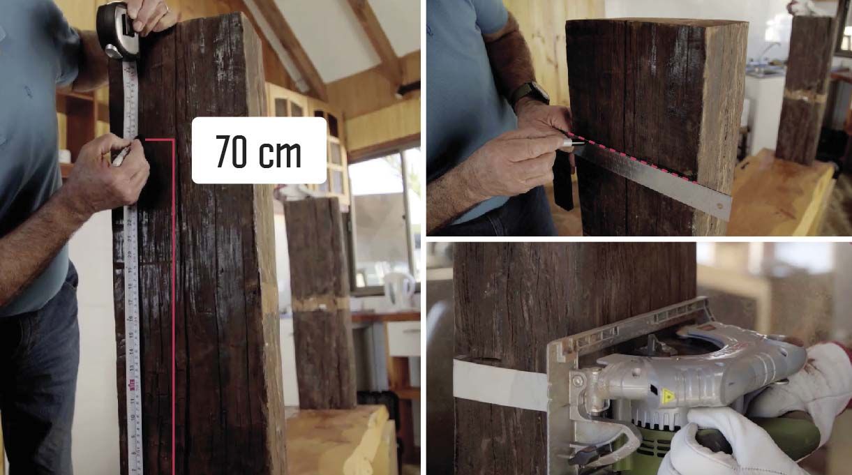 Marcar con la escuadra y el lápiz los 70 cm de altura que debe tener la mesa y trazar una línea en cada cara de las patas que vas a cortar con la sierra circular y el disco de corte de 32 dientes