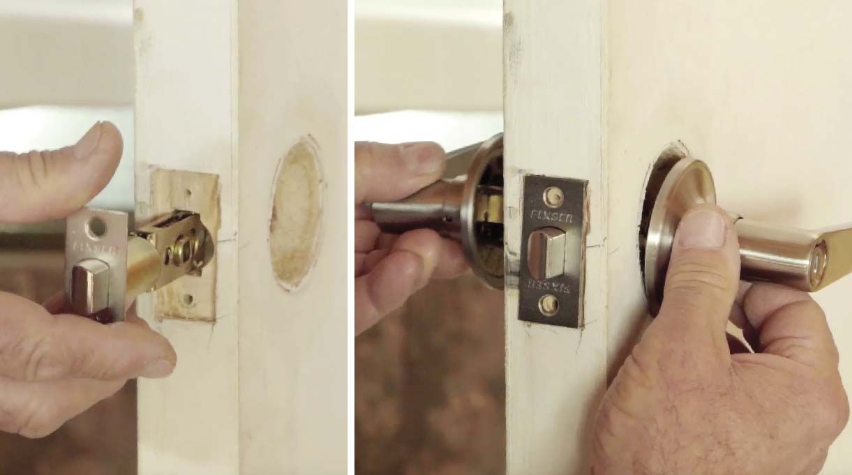 Retira el pomo de la puerta, coloca primero el pestillo y luego inserta los mecanismos, uno por cada lado. Embute la parte frontal de la manilla. Luego, encaja las manillas entre sí.Traba el pestillo y atornilla un mecanismo contra el otro para finalizar la instalación