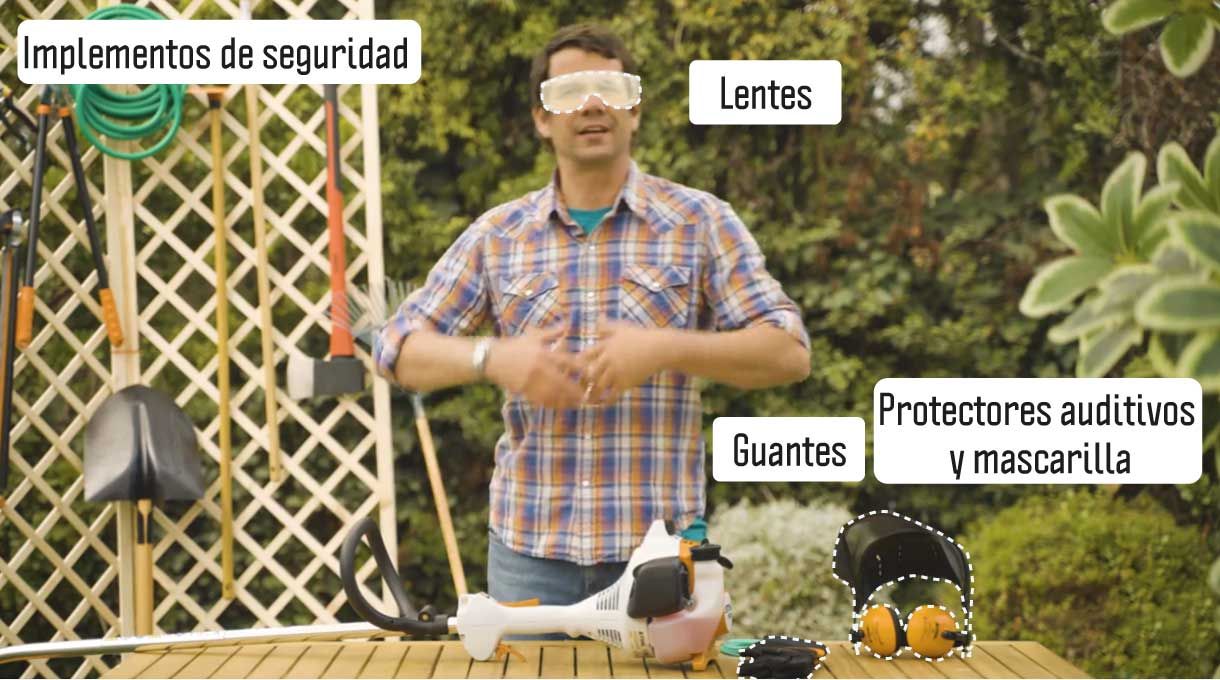 implementos de seguridad antes de usar la orilladora: lentes, guantes , protectores auditivos y mascarilla