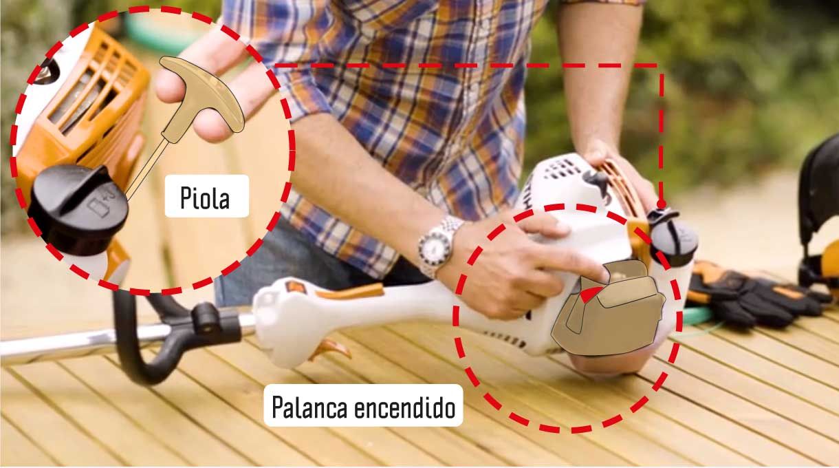 piola y palanca de encendido de la orilladora