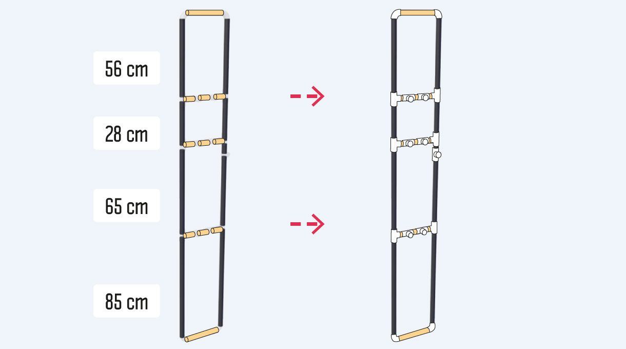 las columnas del estante de cobre se hacen con 4 trozos de 85 cm, 4 de 65 cm, 4 cortes de 28 cm, y cuatro trozos de 56 cm de tubos de cobre