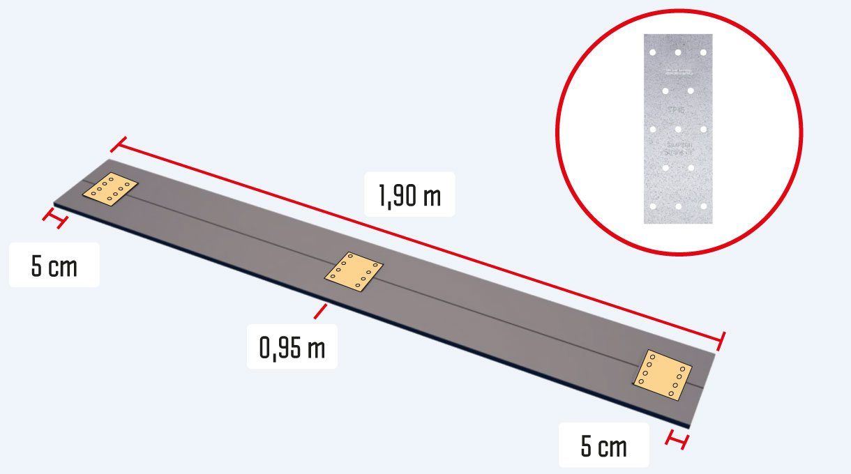 Para tener el ancho adecuado para la repisa del tv, se unen 2 tablas de roble a lo largo con 3 platos clavable Strong Tie, 2 a 5 cm de la orilla y uno en el centro