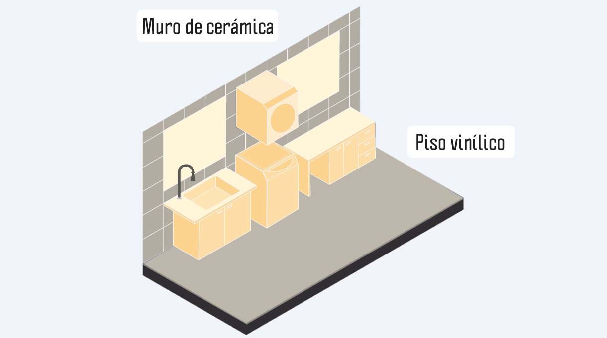 imagen de la logia con muro de cerámica, piso vinílicos, lavadora, secadora, lavadero y mueble de planchado