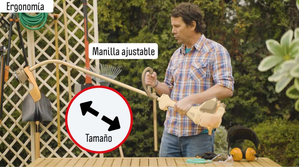 Roberto Droste sujetando una orilladora y mostrando la manilla ajustable