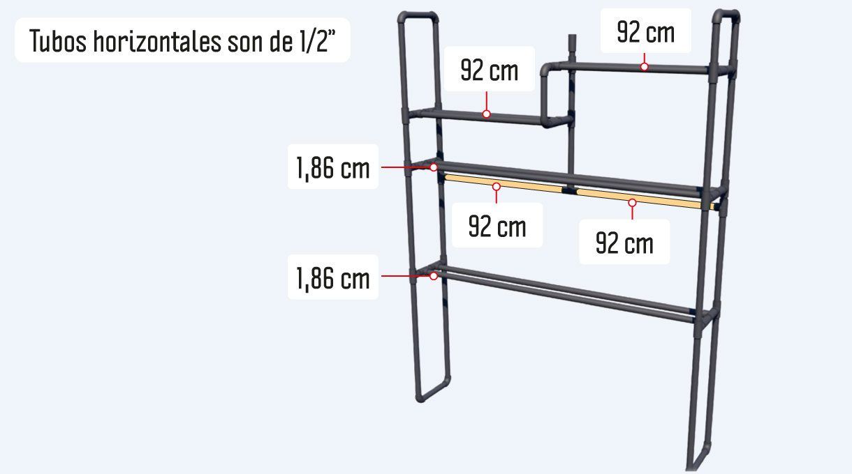 Las columnas nombradas en el paso 3 sostendrán 4 repisas, las que están hechas de 2 tubos de ½” cada uno. También hay un tubo de refuerzo que está dividido en 2 partes y por ello, se necesitarán en total 10 cortes